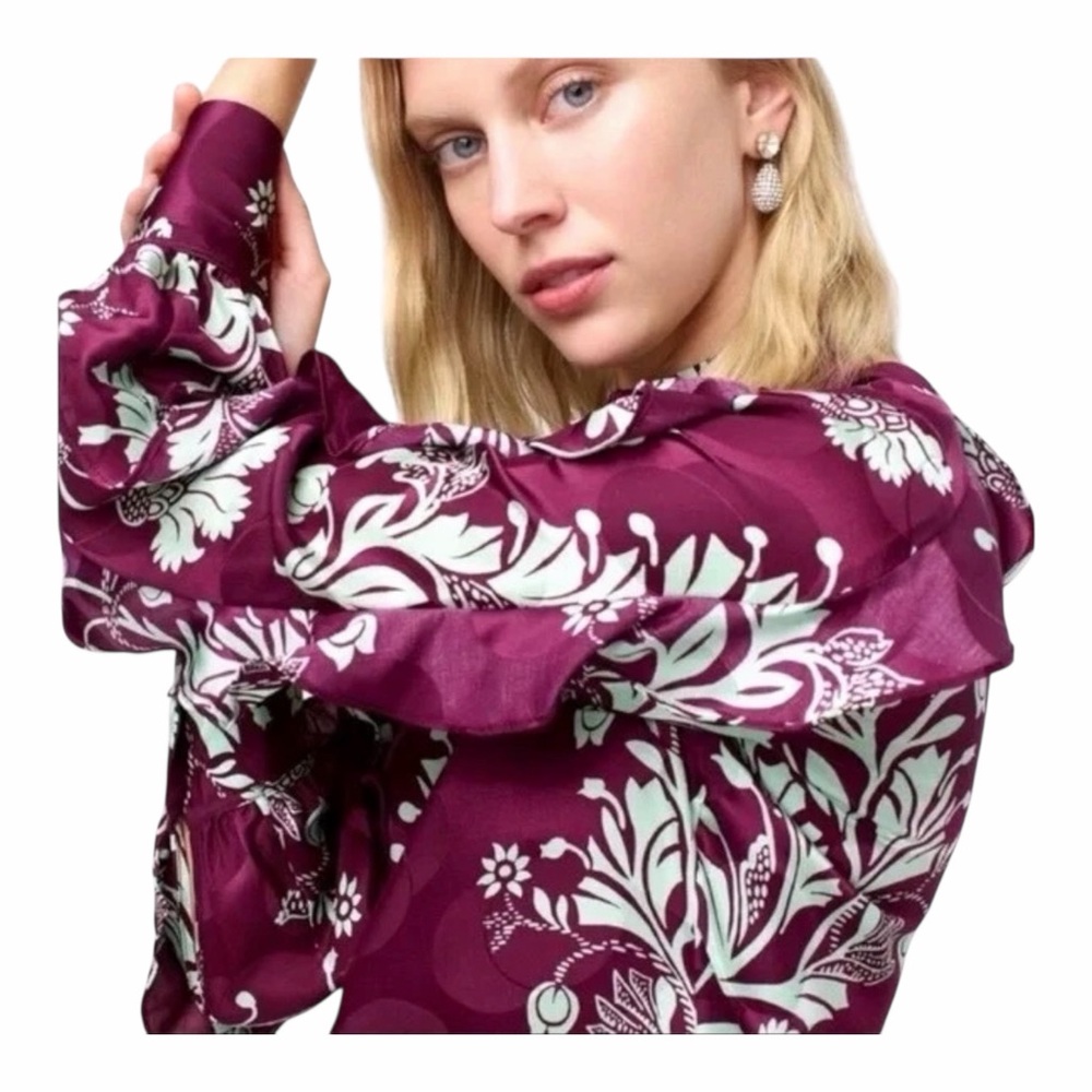 J. Crew Collection Silk Ruffle Sleeve High-Neck Dress Purple Floral Size 4 NWT